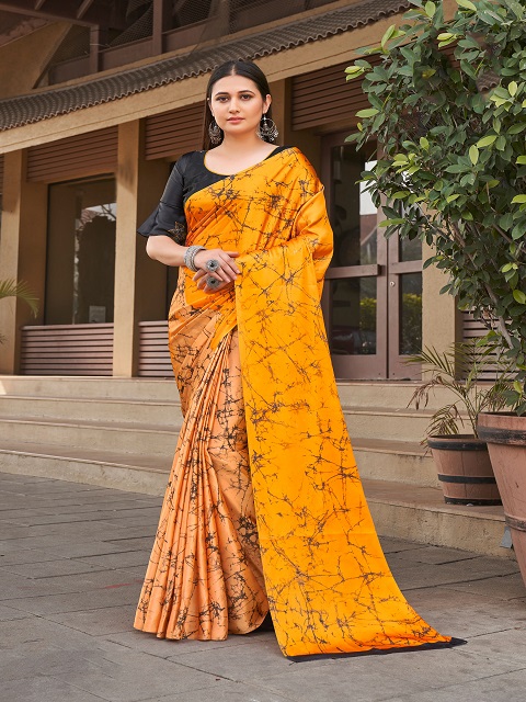 Orange-Yellow Casual Wear Printed Satin Silk Saree